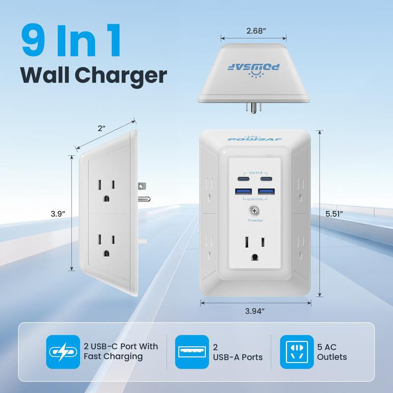 POWSAF 5-Outlet Surge Protector Power Strip with 4 USB Ports (Including 2 Fast USB-C Ports) and Night Light, 3-Sided Design with Adapter Spaced Outlets - ETL Certified