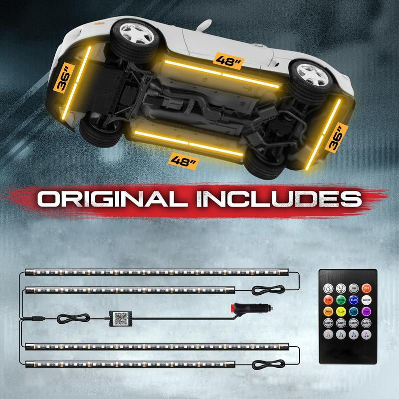 DIBMS 4 PCS Universal Underglow LED Lights Kit for Car with APP & Remote Control, RGB Multicolor Modes, Music Sync, Waterproof Light Bar, Exterior Neon Accent Underbody LED Lighting Kit Singing Lights Cars Underglow Neon Tubes