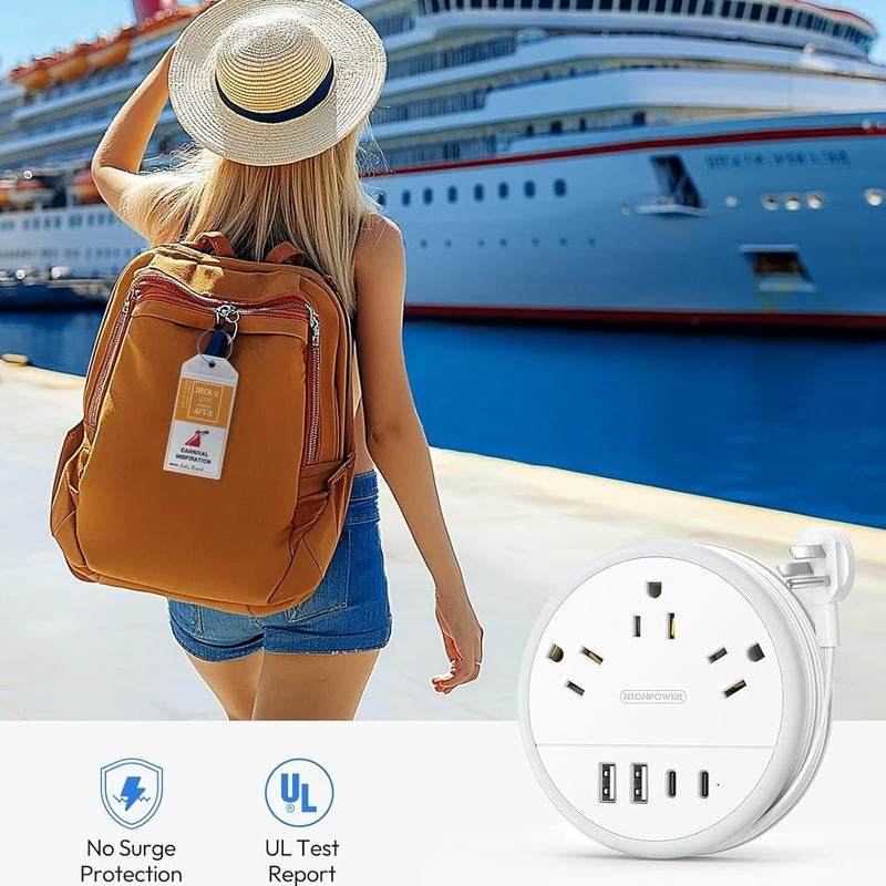 NTONPOWER Travel Power Strip - Cruise Approved with 3 AC Outlets and 4 USB Ports (2 USB-C), 4FT Extension Cord for Hotels, Dorms, Home Offices, and Travel Use
