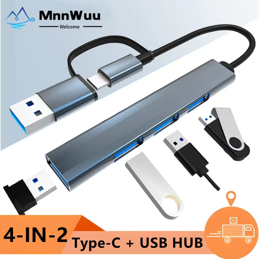 Ultra-Fast 4-in-2 USB 3.0 & USB-C Hub Multiport Splitter - 5Gbps Data Transfer for PCs and Laptops