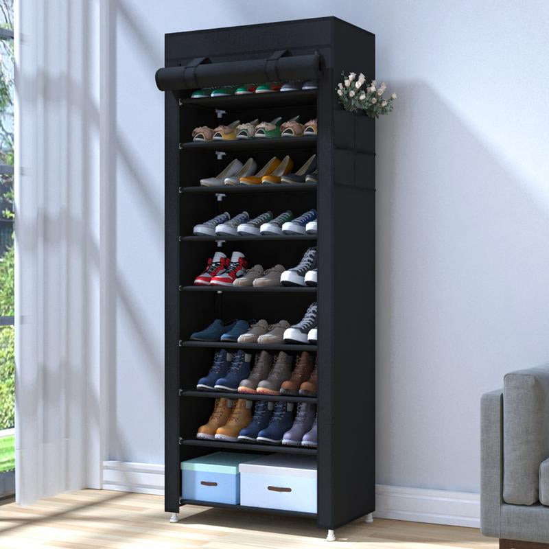UDEAR 10 Tier Shoe Rack 9 Grids with Dustproof Cover,Adjustable Standing Shelf, High Storage Rack, Dustproof Stackable, Freestanding Shoes Organizer, Plastic, Metal, Black, Installation, Water Proof