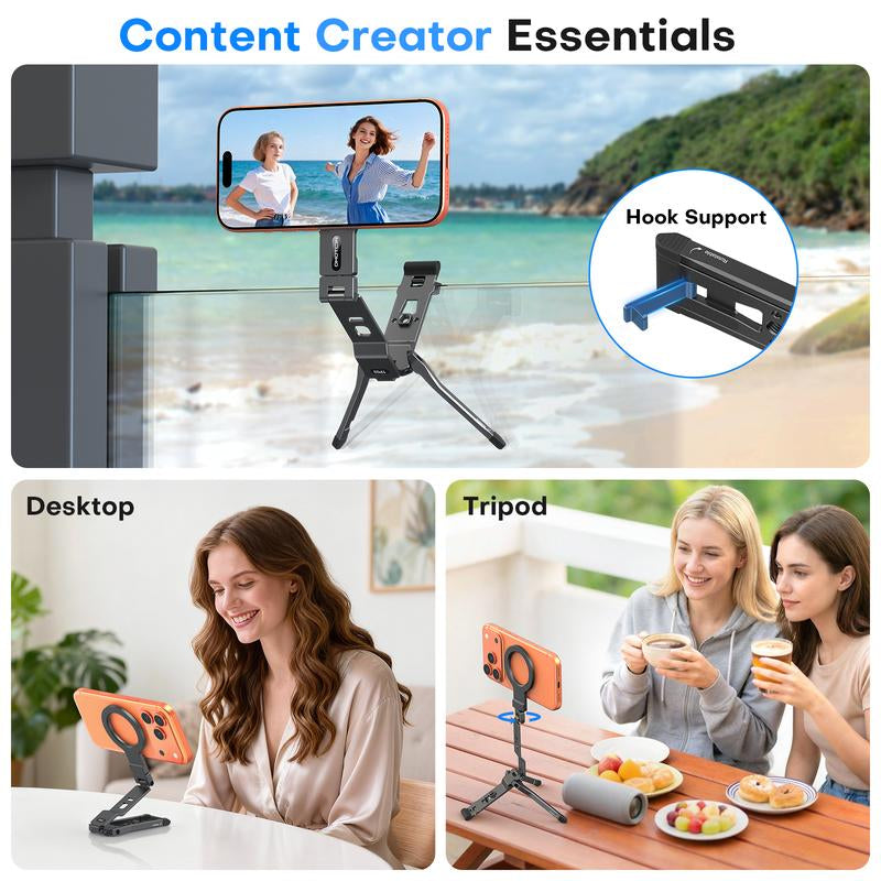 OMOTON TP03 Mini Tripod: Magnetic Phone Stand with 1/4" Screw Hole & Hanging Hook – Portable Mount for Smartphone Camera Accessories in Sleek Black