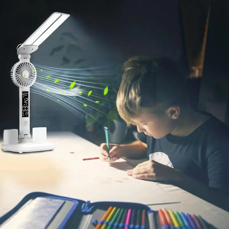 Transform Your Workspace with the Foldable LED Table Light: A Multifunctional Desk Lamp with Thermometer, Calendar, Fan, and Pen Holder