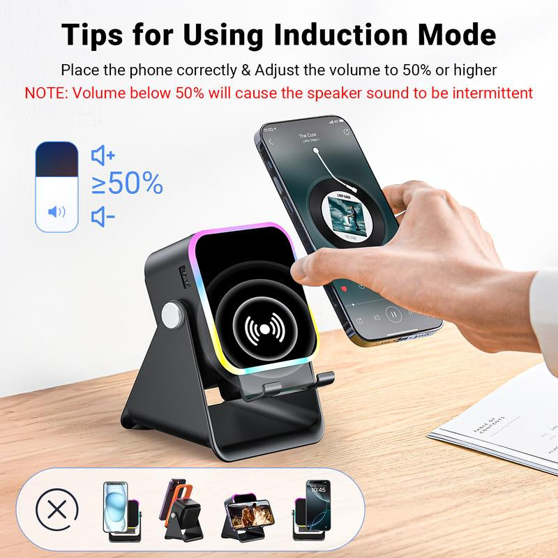 Wireless Induction Audio Speaker Stand with 5-in-1 Cellphone Holder, 3500mAh Rechargeable Power Bank, 360° Adjustable Mobile Tablet Stand, and Colorful Ambient Light - Ideal Gift for Men and Women