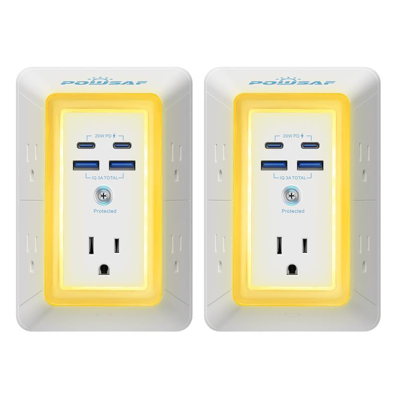 POWSAF 5-Outlet Surge Protector Power Strip with 4 USB Ports (Including 2 Fast USB-C Ports) and Night Light, 3-Sided Design with Adapter Spaced Outlets - ETL Certified