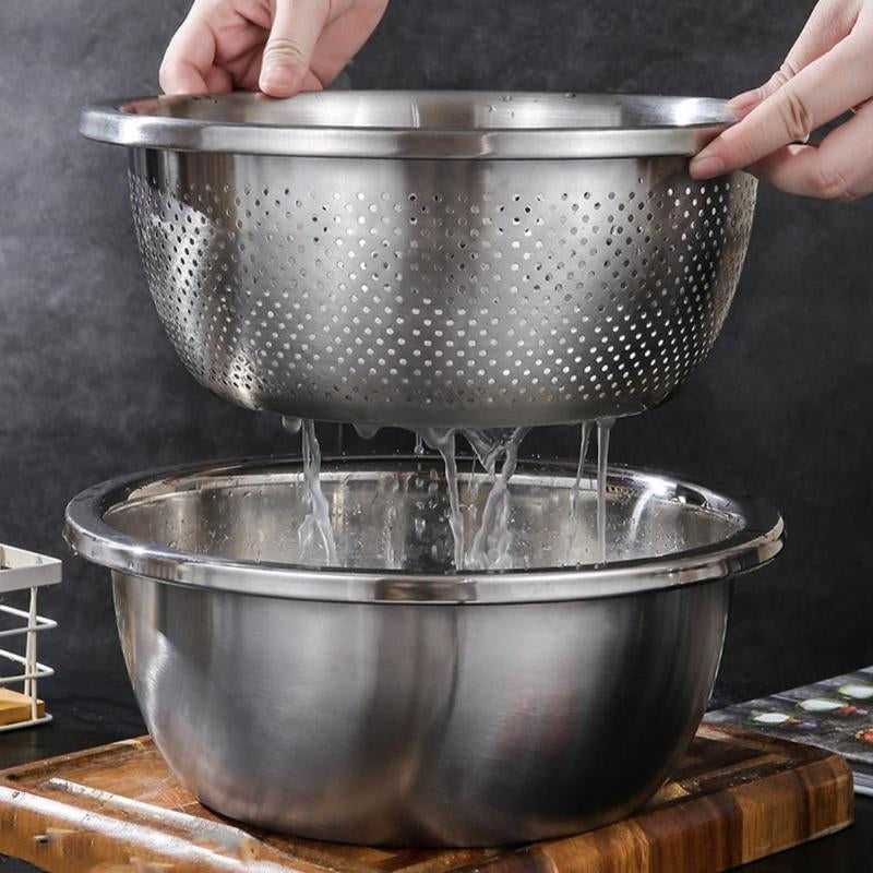 3-In-1 Stainless Steel Multi-Functional Strainer Set, Includes Basin/Sieve/Cutter, Ideal for Washing Rice Fruits Vegetables Kitchen Essentials