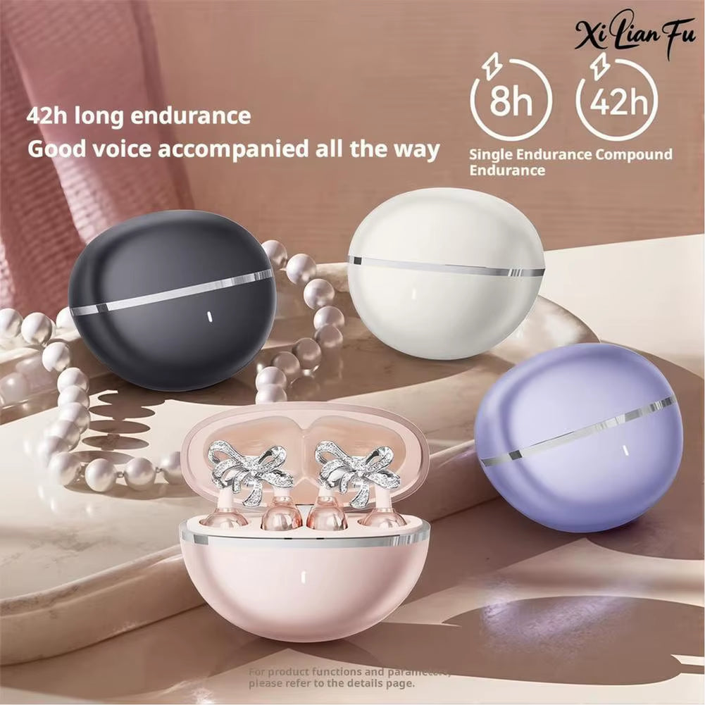 Stylish Clip-On Bluetooth Earbuds with Detachable Crystal Bowknot Earrings - Perfect for Sports, Fitness & Workouts