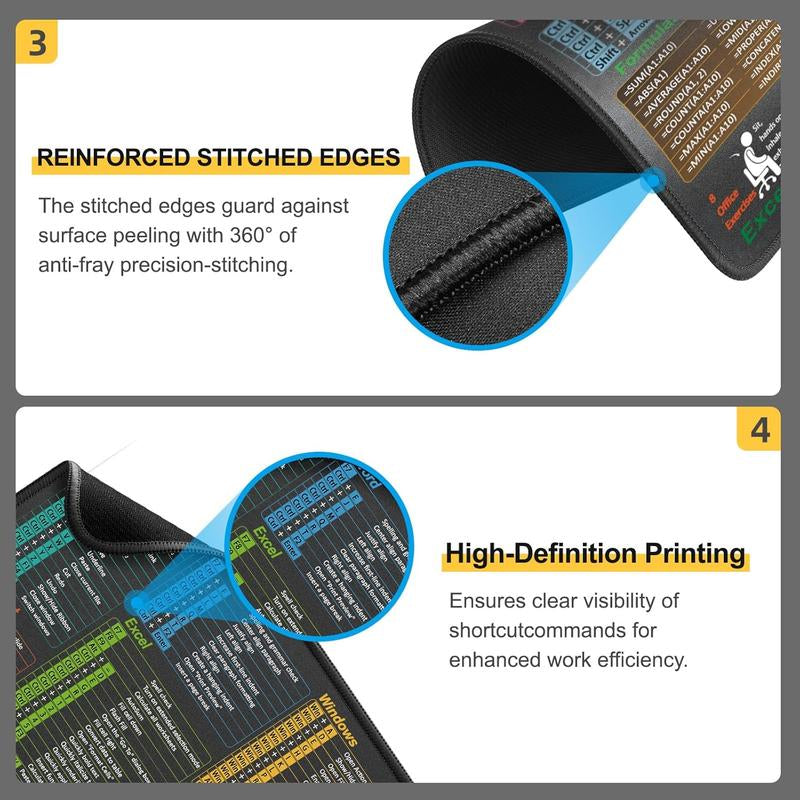 Ultimate Excel Shortcut Mouse Pad - Large Waterproof Desk Mat for Ergonomic Workstation, 31.5 x 11.8 Inch with Non-Slip Base