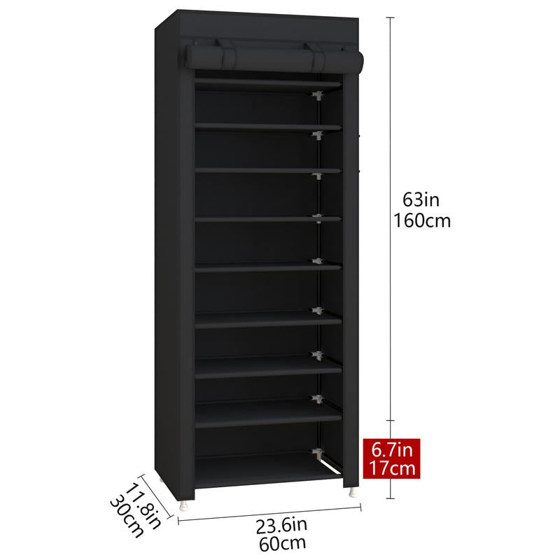 UDEAR 10 Tier Shoe Rack 9 Grids with Dustproof Cover,Adjustable Standing Shelf, High Storage Rack, Dustproof Stackable, Freestanding Shoes Organizer, Plastic, Metal, Black, Installation, Water Proof