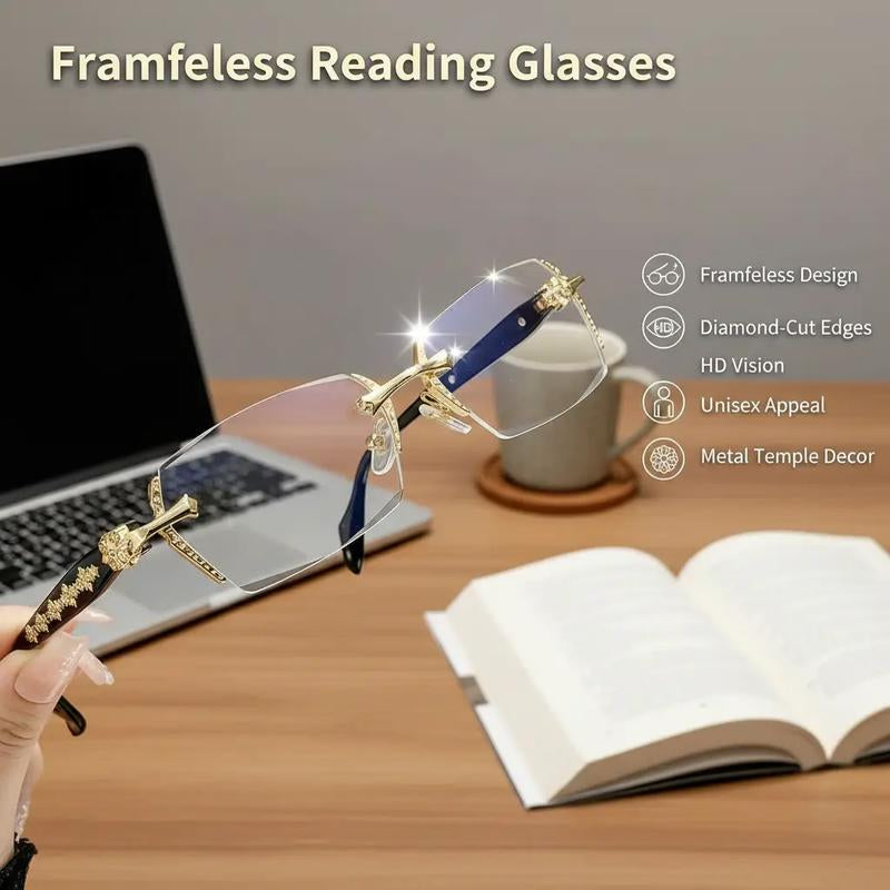 Sleek Frameless Reading Glasses with Diamond-Cut Edges and Stylish Metal Temples - HD Vision for Reading, Gaming, and Daily Wear - Unisex Design