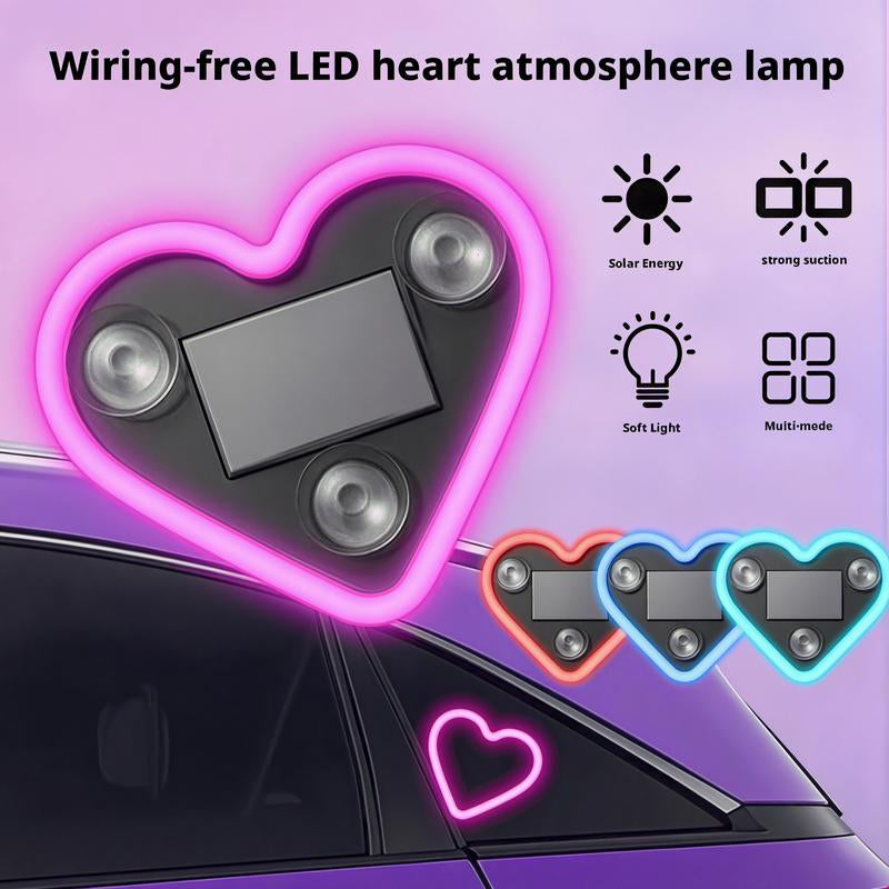 Car LED Ambient Light-Solar-Powered Heart-Shaped LED Neon Light, Solar-Powered Heart-Shaped Atmosphere Light with 3 Modes,Lp65Waterproof, for Romantic Car Interior Andoutdoor Decor