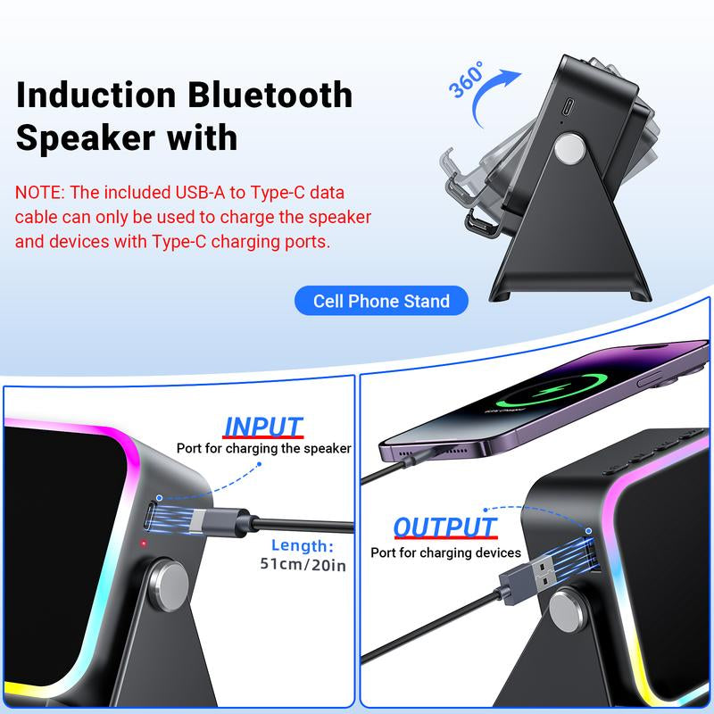 Wireless Induction Audio Speaker Stand with 5-in-1 Cellphone Holder, 3500mAh Rechargeable Power Bank, 360° Adjustable Mobile Tablet Stand, and Colorful Ambient Light - Ideal Gift for Men and Women