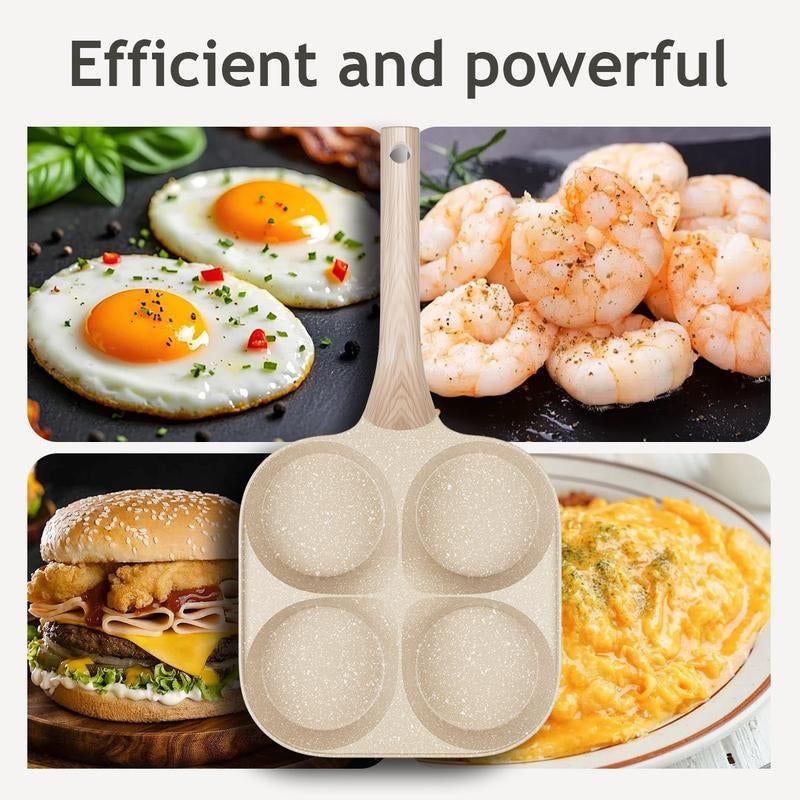 Multifunctional Non-Stick Egg Frying Pan – 4 Holes Skillet with Wooden Handle, Medical Stone Omelet Maker for Pancakes, Burgers, Breakfast & Quick Cooking at Home.Non-Stick Beige Cookware Frying Pan.Nonstick Woks