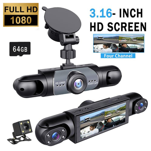 4-Channel 1080P Car Dash Cam with Night Vision & 64GB Memory Card - 24/7 Parking Surveillance System for Front, Rear, and Side Protection