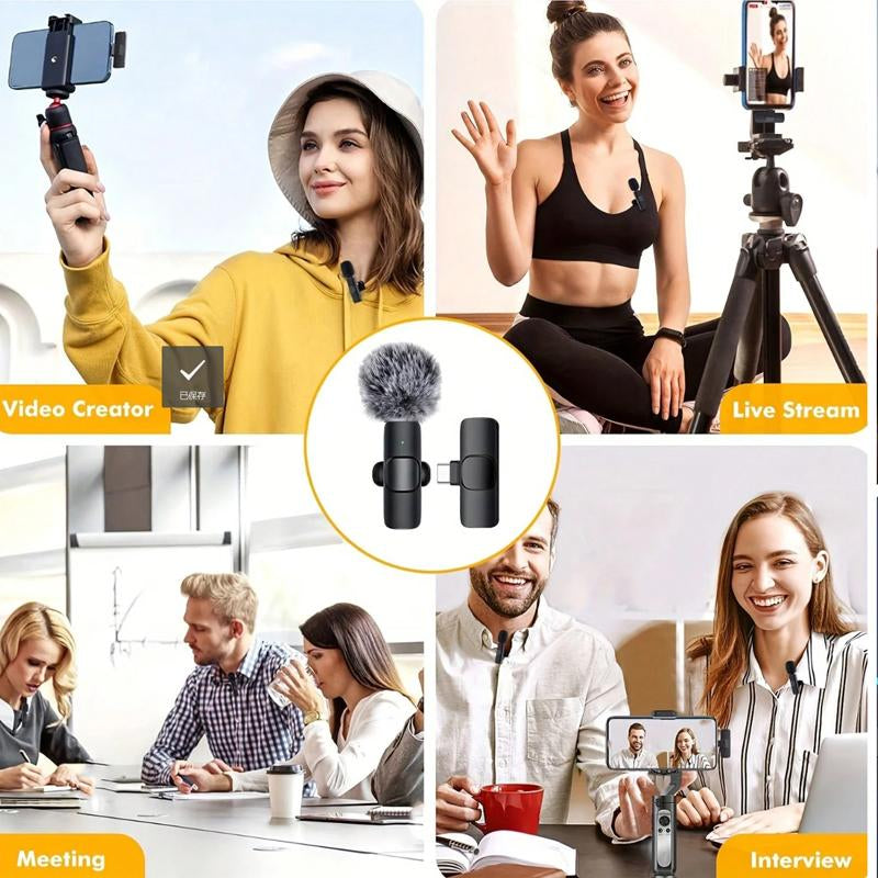 Wireless Mini Microphone Set for iPhone/Smartphone - 2 Lapel Mics with Clear Audio, Noise Reduction, Perfect for Video Recording, Interviews, and Vlogs
