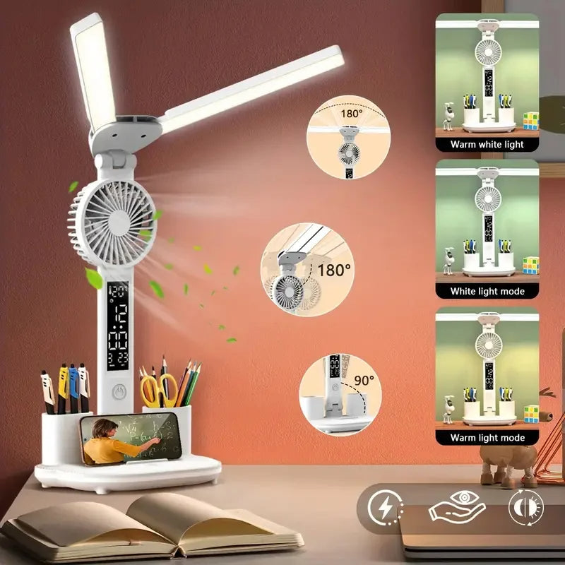 Transform Your Workspace with the Foldable LED Table Light: A Multifunctional Desk Lamp with Thermometer, Calendar, Fan, and Pen Holder
