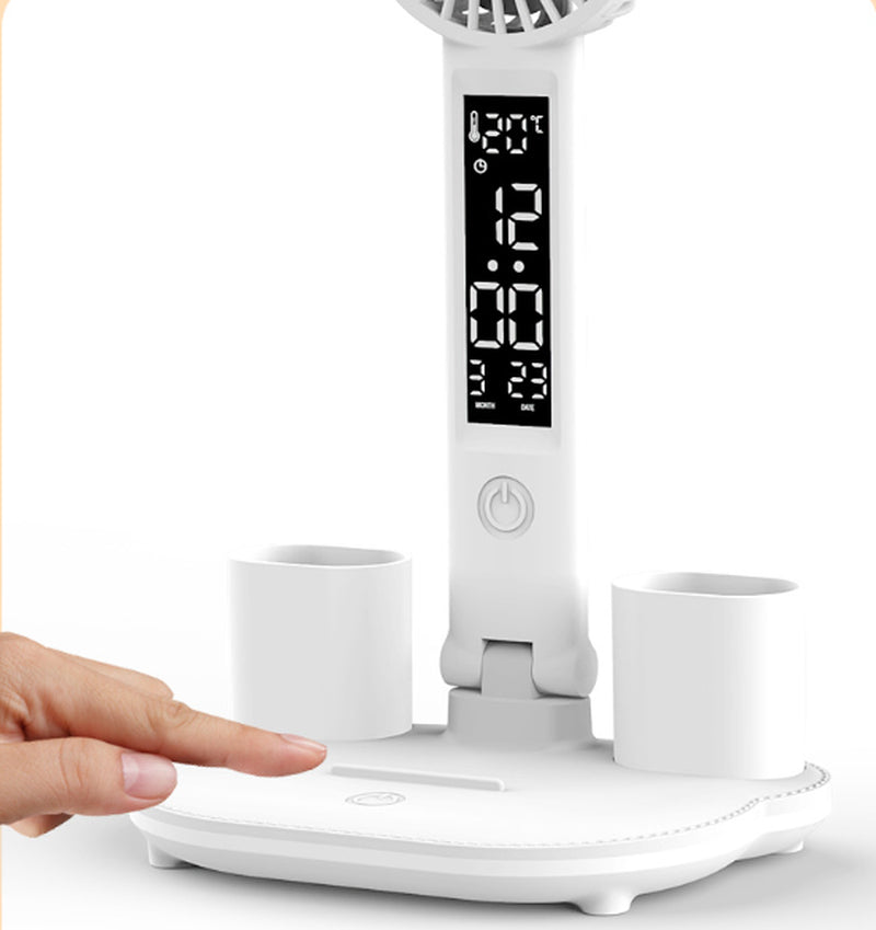 Transform Your Workspace with the Foldable LED Table Light: A Multifunctional Desk Lamp with Thermometer, Calendar, Fan, and Pen Holder