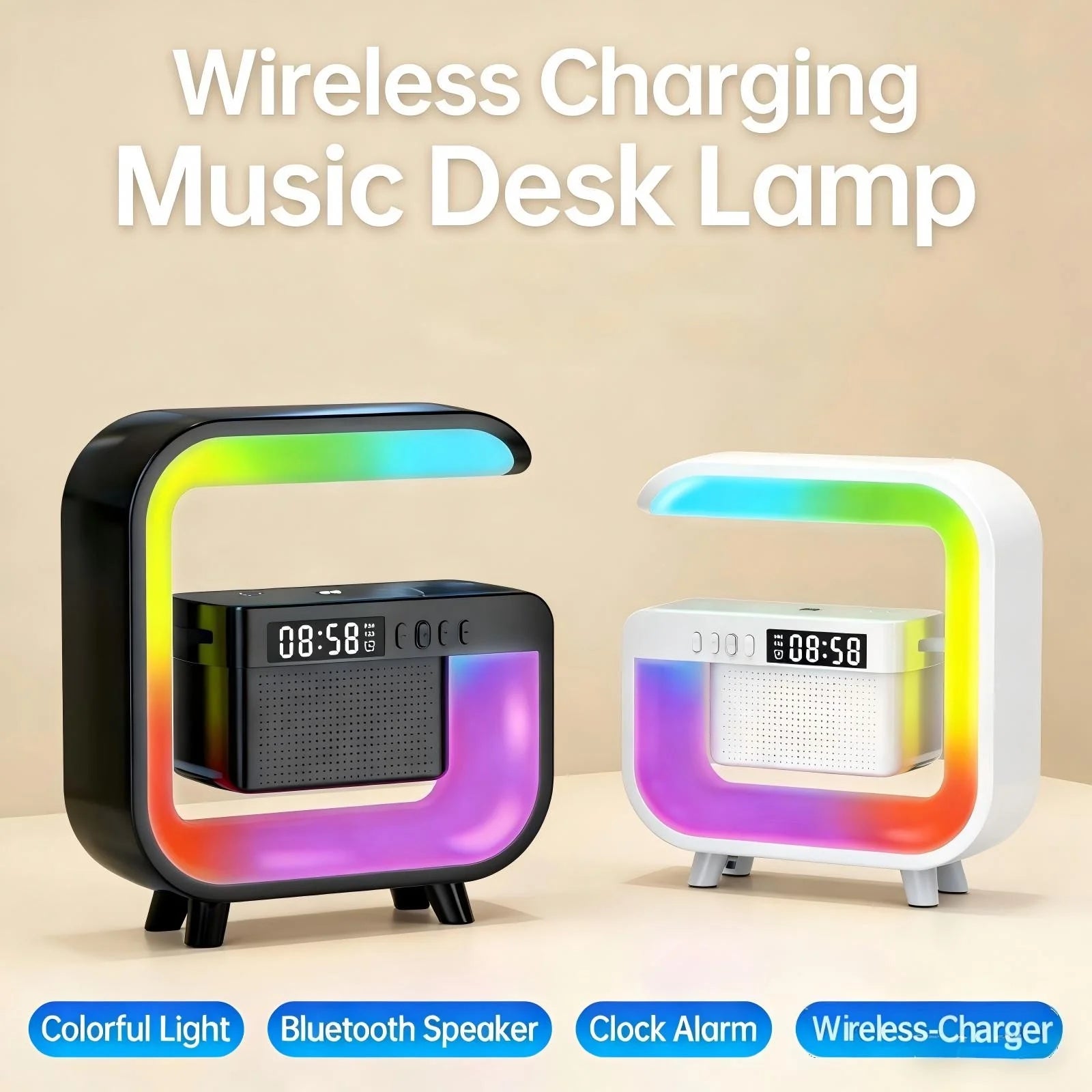 Transform Your Space with the 4-In-1 Smart Table Lamp: Wireless Charging, Alarm Clock, Bluetooth Speaker, and Color Changing Lights - Ideal Gift for Home or Office!