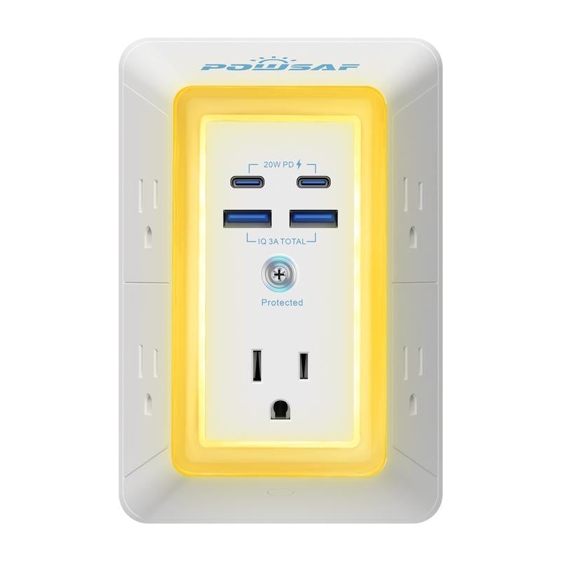 POWSAF 5-Outlet Surge Protector Power Strip with 4 USB Ports (Including 2 Fast USB-C Ports) and Night Light, 3-Sided Design with Adapter Spaced Outlets - ETL Certified
