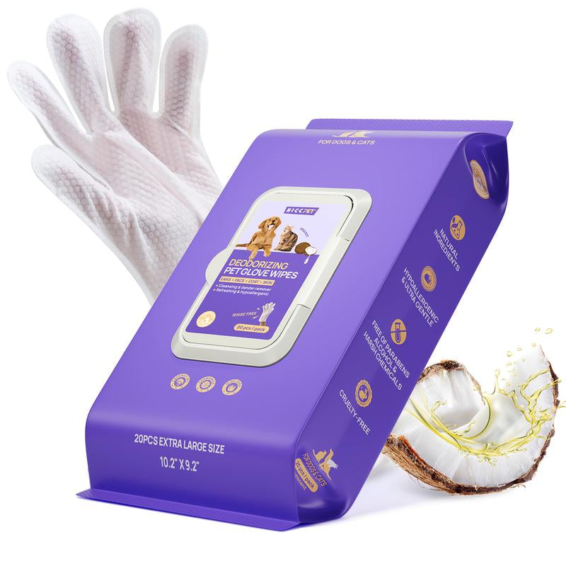 HICC PET Glove Wipes - 20 Count Disposable Deodorizing Grooming Wipes for Dogs & Cats, Hypoallergenic and No-Rinse Skin Care Solution for Easy Pet Hair Removal