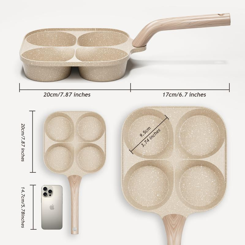 Multifunctional Non-Stick Egg Frying Pan – 4 Holes Skillet with Wooden Handle, Medical Stone Omelet Maker for Pancakes, Burgers, Breakfast & Quick Cooking at Home.Non-Stick Beige Cookware Frying Pan.Nonstick Woks