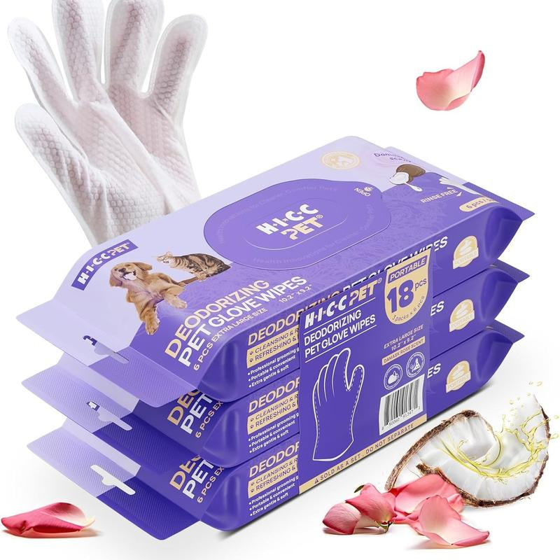 HICC PET Glove Wipes - 20 Count Disposable Deodorizing Grooming Wipes for Dogs & Cats, Hypoallergenic and No-Rinse Skin Care Solution for Easy Pet Hair Removal