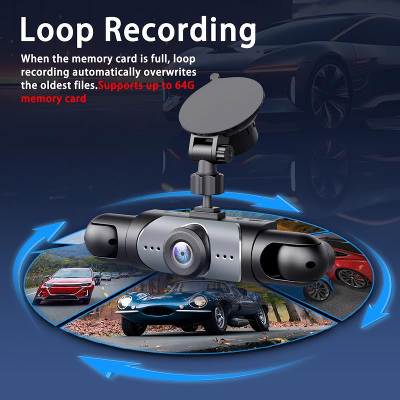 4-Channel 1080P Car Dash Cam with Night Vision & 64GB Memory Card - 24/7 Parking Surveillance System for Front, Rear, and Side Protection