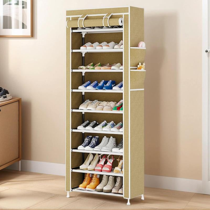 UDEAR 10 Tier Shoe Rack 9 Grids with Dustproof Cover,Adjustable Standing Shelf, High Storage Rack, Dustproof Stackable, Freestanding Shoes Organizer, Plastic, Metal, Black, Installation, Water Proof