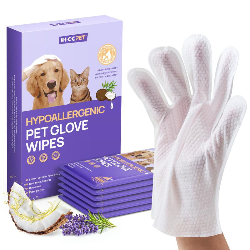 HICC PET Glove Wipes - 20 Count Disposable Deodorizing Grooming Wipes for Dogs & Cats, Hypoallergenic and No-Rinse Skin Care Solution for Easy Pet Hair Removal