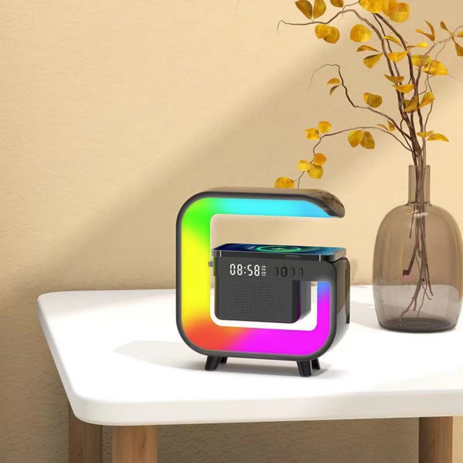 Transform Your Space with the 4-In-1 Smart Table Lamp: Wireless Charging, Alarm Clock, Bluetooth Speaker, and Color Changing Lights - Ideal Gift for Home or Office!