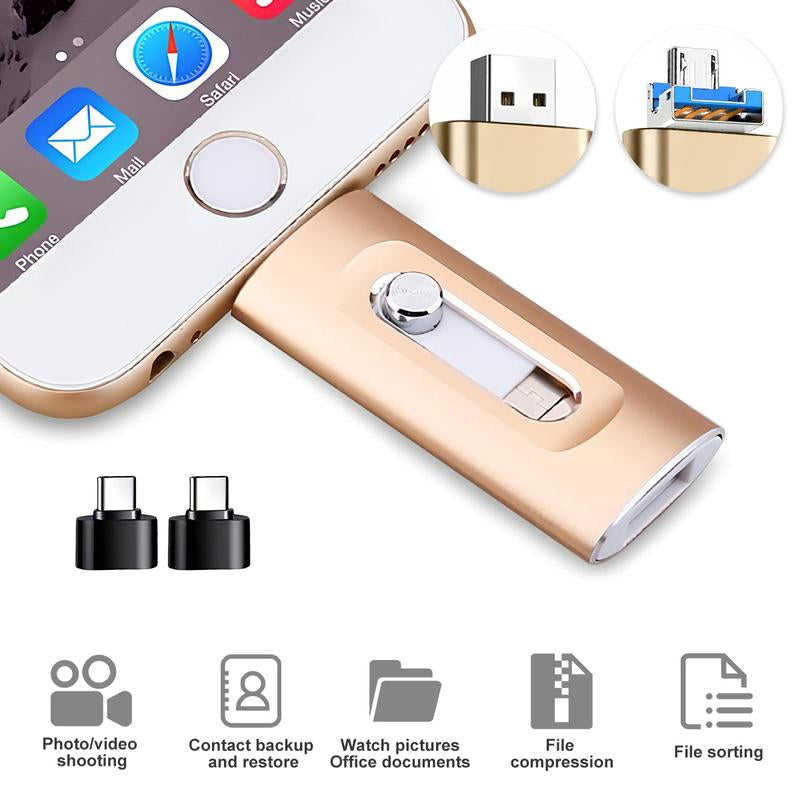 PICRYU 3-in-1 USB 3.0 Flash Drive with Free Type-C Adapter - High-Speed Memory Storage for iPhones, Androids, PCs & More - Available in 64GB, 128GB, 256GB for Photos & Video Backup