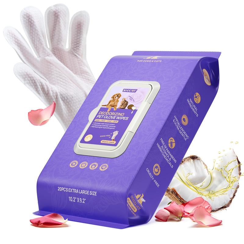 HICC PET Glove Wipes - 20 Count Disposable Deodorizing Grooming Wipes for Dogs & Cats, Hypoallergenic and No-Rinse Skin Care Solution for Easy Pet Hair Removal