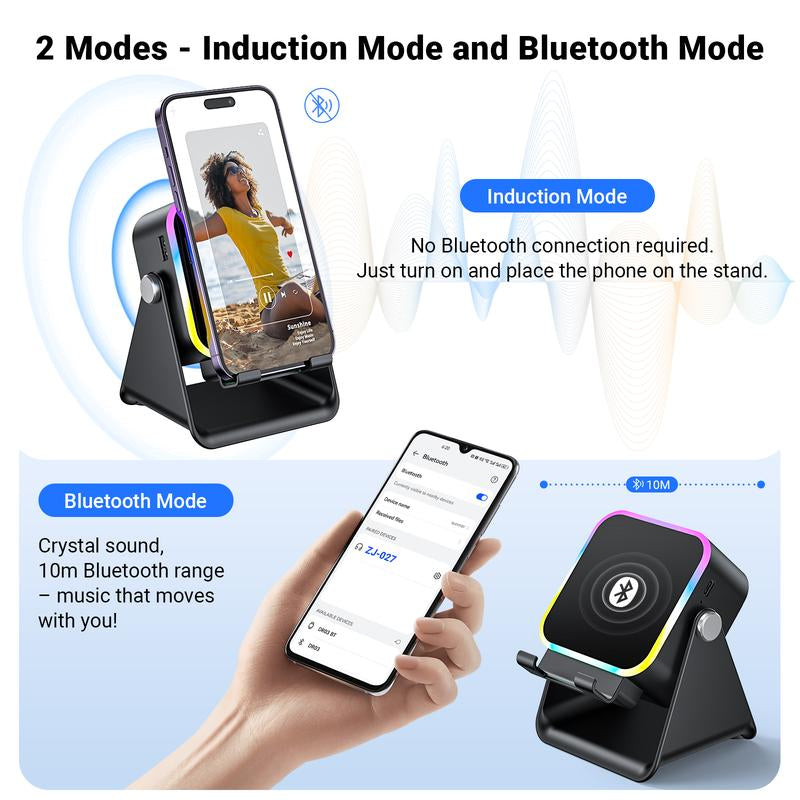 Wireless Induction Audio Speaker Stand with 5-in-1 Cellphone Holder, 3500mAh Rechargeable Power Bank, 360° Adjustable Mobile Tablet Stand, and Colorful Ambient Light - Ideal Gift for Men and Women