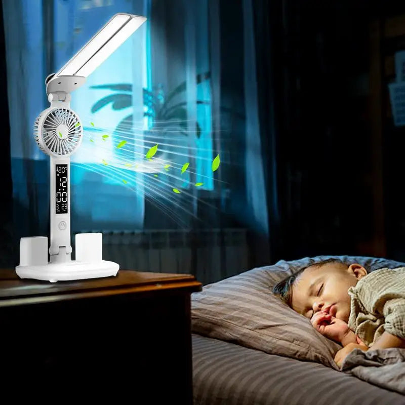 Transform Your Workspace with the Foldable LED Table Light: A Multifunctional Desk Lamp with Thermometer, Calendar, Fan, and Pen Holder