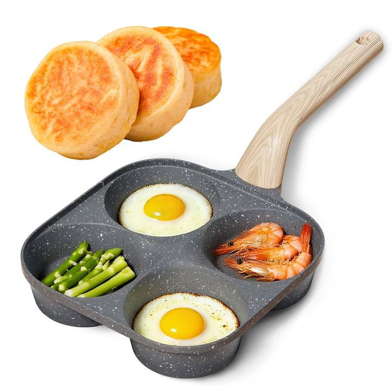Multifunctional Non-Stick Egg Frying Pan – 4 Holes Skillet with Wooden Handle, Medical Stone Omelet Maker for Pancakes, Burgers, Breakfast & Quick Cooking at Home.Non-Stick Beige Cookware Frying Pan.Nonstick Woks