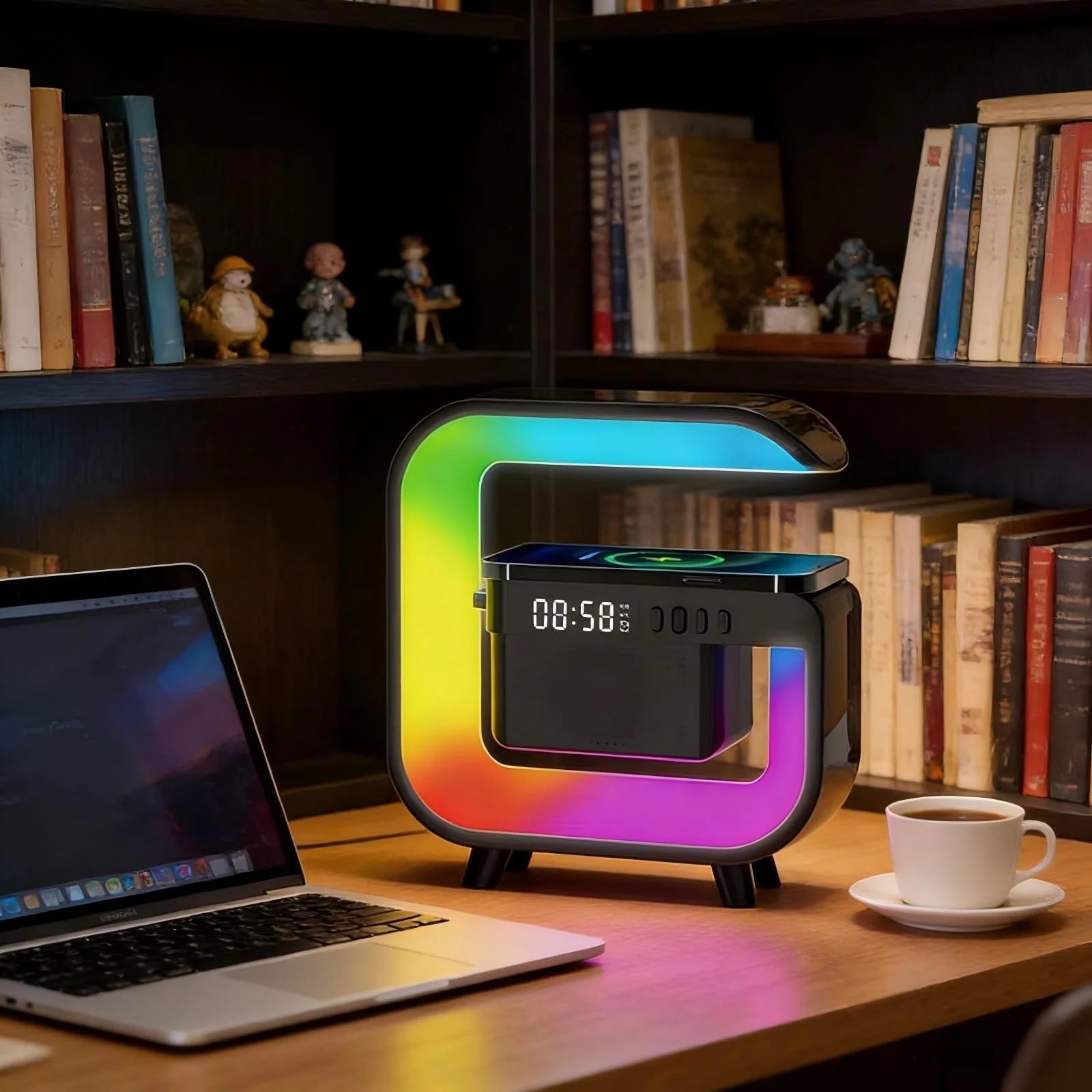 Transform Your Space with the 4-In-1 Smart Table Lamp: Wireless Charging, Alarm Clock, Bluetooth Speaker, and Color Changing Lights - Ideal Gift for Home or Office!