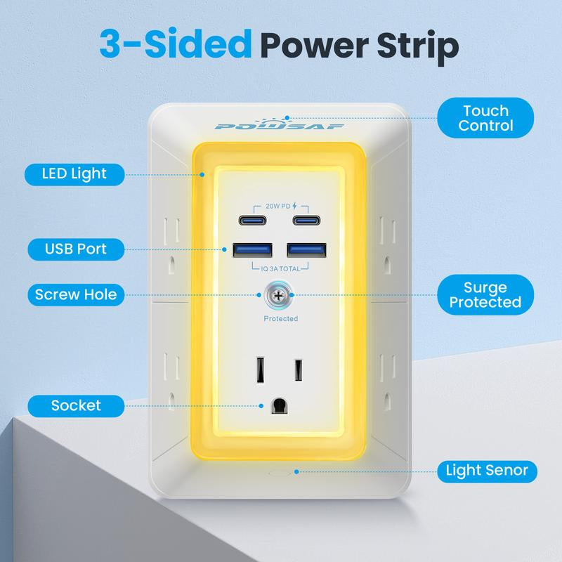POWSAF 5-Outlet Surge Protector Power Strip with 4 USB Ports (Including 2 Fast USB-C Ports) and Night Light, 3-Sided Design with Adapter Spaced Outlets - ETL Certified