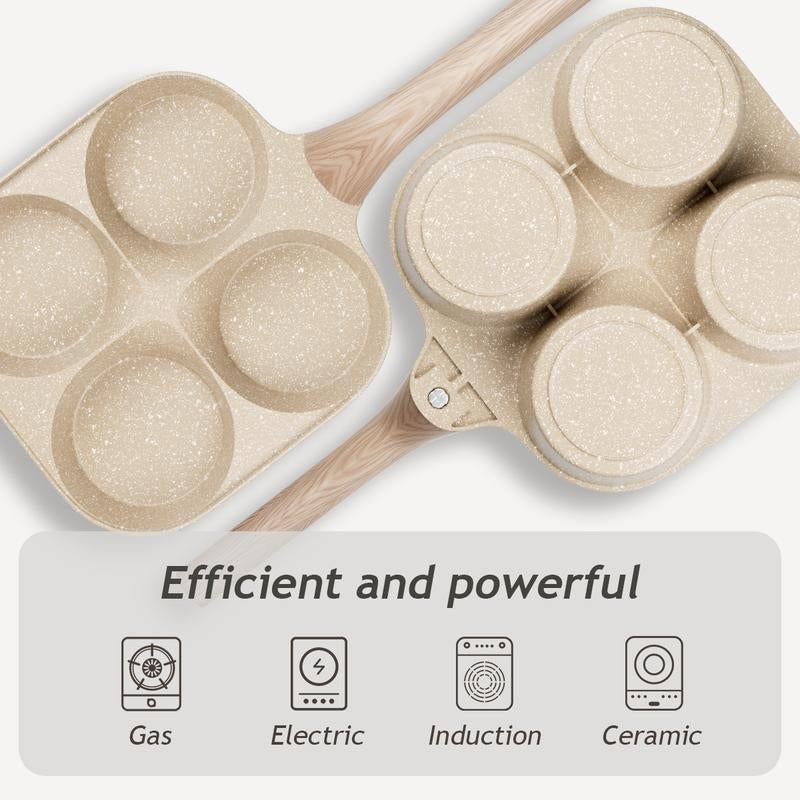Multifunctional Non-Stick Egg Frying Pan – 4 Holes Skillet with Wooden Handle, Medical Stone Omelet Maker for Pancakes, Burgers, Breakfast & Quick Cooking at Home.Non-Stick Beige Cookware Frying Pan.Nonstick Woks