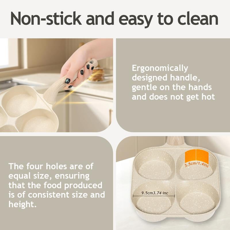Multifunctional Non-Stick Egg Frying Pan – 4 Holes Skillet with Wooden Handle, Medical Stone Omelet Maker for Pancakes, Burgers, Breakfast & Quick Cooking at Home.Non-Stick Beige Cookware Frying Pan.Nonstick Woks