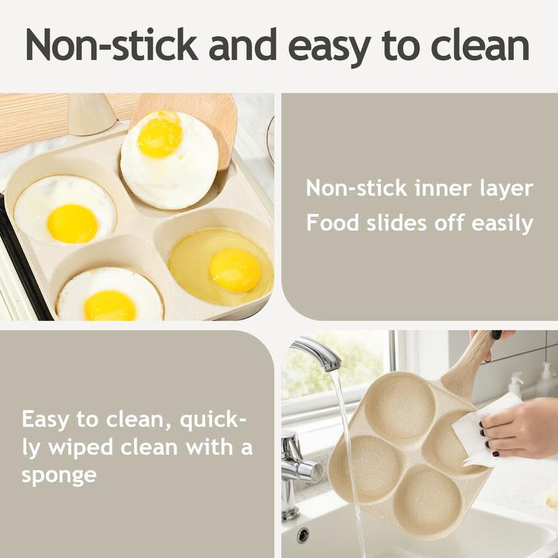 Multifunctional Non-Stick Egg Frying Pan – 4 Holes Skillet with Wooden Handle, Medical Stone Omelet Maker for Pancakes, Burgers, Breakfast & Quick Cooking at Home.Non-Stick Beige Cookware Frying Pan.Nonstick Woks