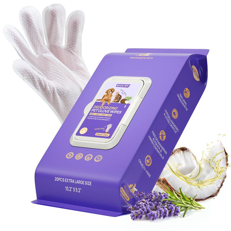 HICC PET Glove Wipes - 20 Count Disposable Deodorizing Grooming Wipes for Dogs & Cats, Hypoallergenic and No-Rinse Skin Care Solution for Easy Pet Hair Removal