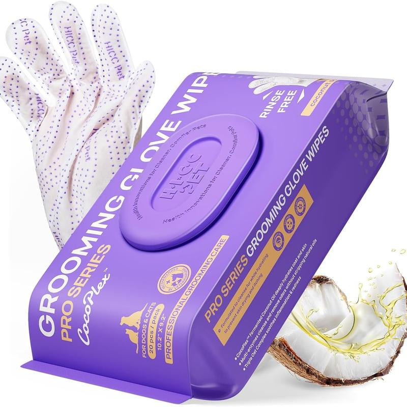 HICC PET Glove Wipes - 20 Count Disposable Deodorizing Grooming Wipes for Dogs & Cats, Hypoallergenic and No-Rinse Skin Care Solution for Easy Pet Hair Removal
