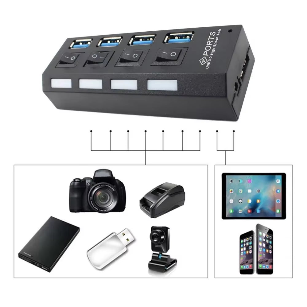 Ultra-Fast USB 3.0 Hub - Compact 4-Port Adapter with Power Supply for Lightning Speed Connectivity