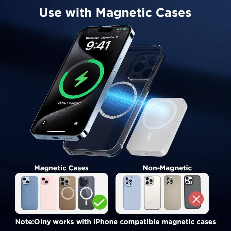 5000mAh Magnetic Wireless Power Bank – Slim, Magsafe-Compatible Charger with Up to 15W Wireless Fast Charging for iPhone 12-17 & Qi Android Devices (Includes Ring)