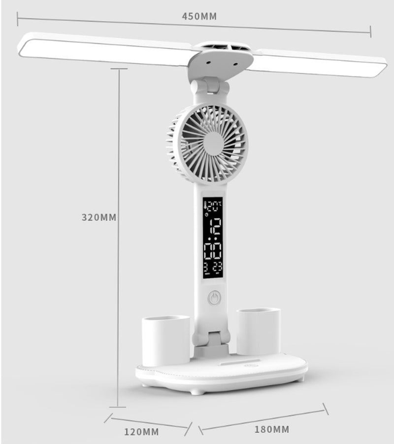 Transform Your Workspace with the Foldable LED Table Light: A Multifunctional Desk Lamp with Thermometer, Calendar, Fan, and Pen Holder
