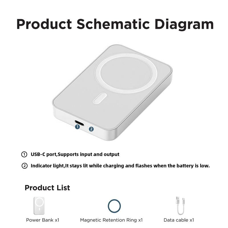 5000mAh Magnetic Power Bank - Fast Wireless Charger for iPhone 17/16/15/14/13/12/Plus/Pro Max - Compact & Portable Battery Pack