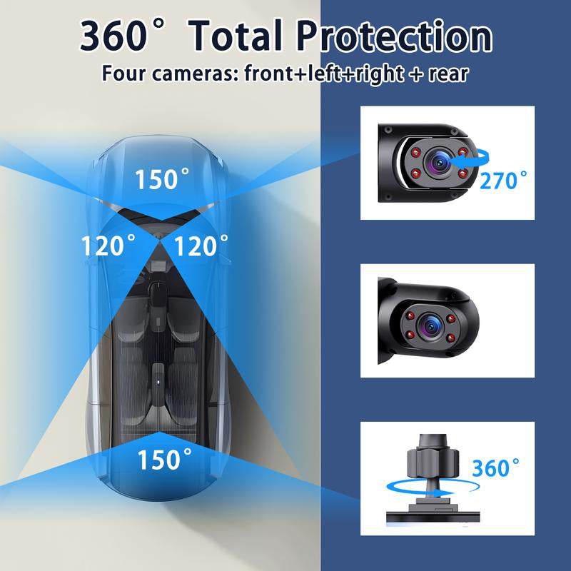 4-Channel 1080P Car Dash Cam with Night Vision & 64GB Memory Card - 24/7 Parking Surveillance System for Front, Rear, and Side Protection