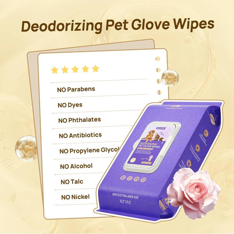 HICC PET Glove Wipes - 20 Count Disposable Deodorizing Grooming Wipes for Dogs & Cats, Hypoallergenic and No-Rinse Skin Care Solution for Easy Pet Hair Removal