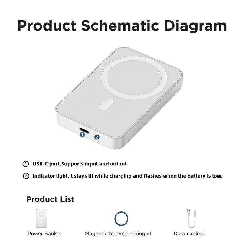 5000mAh Magnetic Wireless Power Bank – Slim, Magsafe-Compatible Charger with Up to 15W Wireless Fast Charging for iPhone 12-17 & Qi Android Devices (Includes Ring)