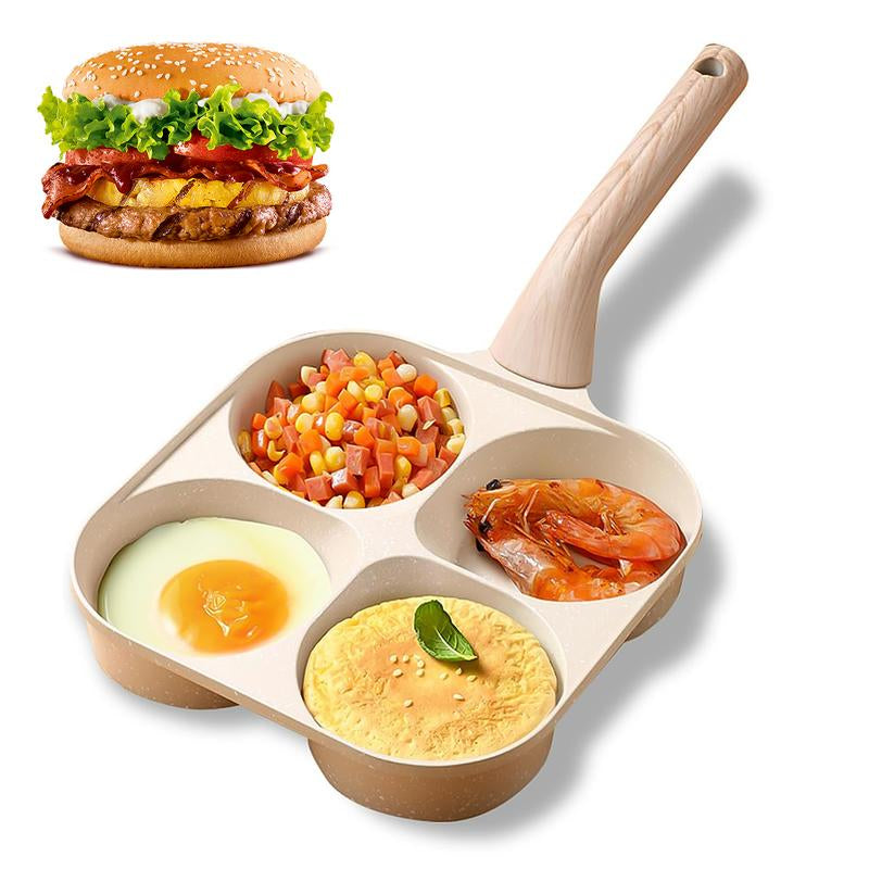 Multifunctional Non-Stick Egg Frying Pan – 4 Holes Skillet with Wooden Handle, Medical Stone Omelet Maker for Pancakes, Burgers, Breakfast & Quick Cooking at Home.Non-Stick Beige Cookware Frying Pan.Nonstick Woks